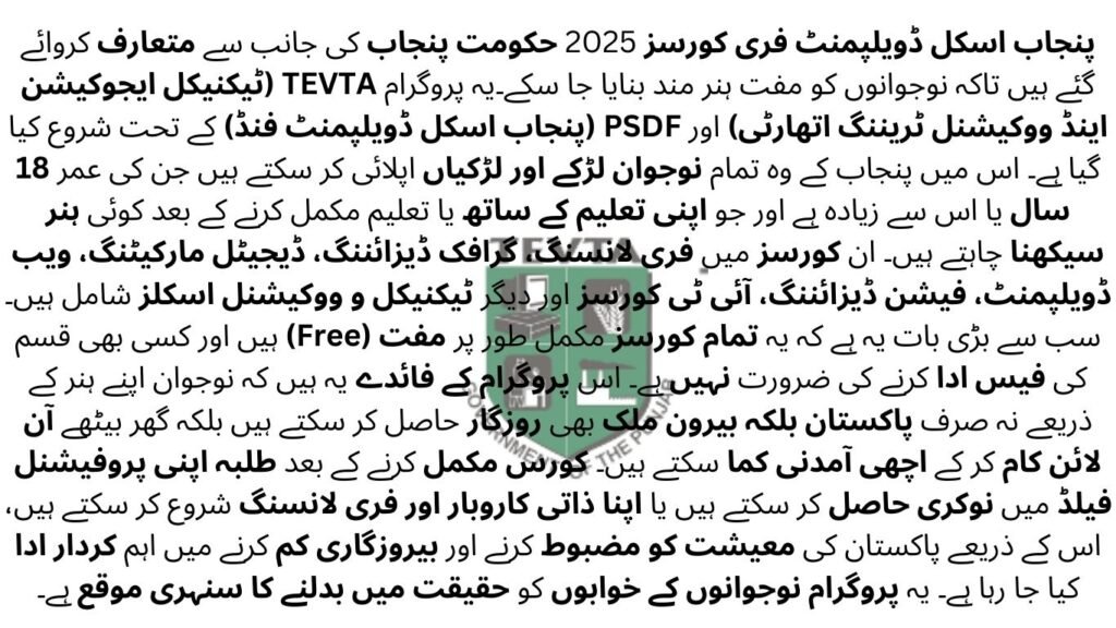 Punjab Skill Development Free Courses 2025 